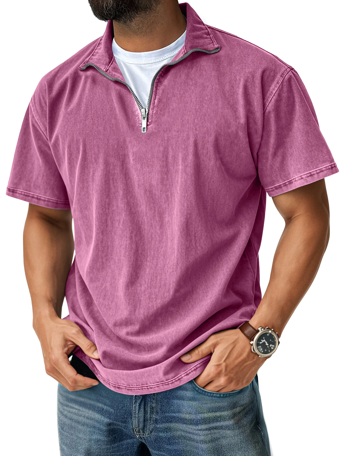 Men's Retro Casual Stand Collar Quarter-Zip Short Sleeve T-Shirt