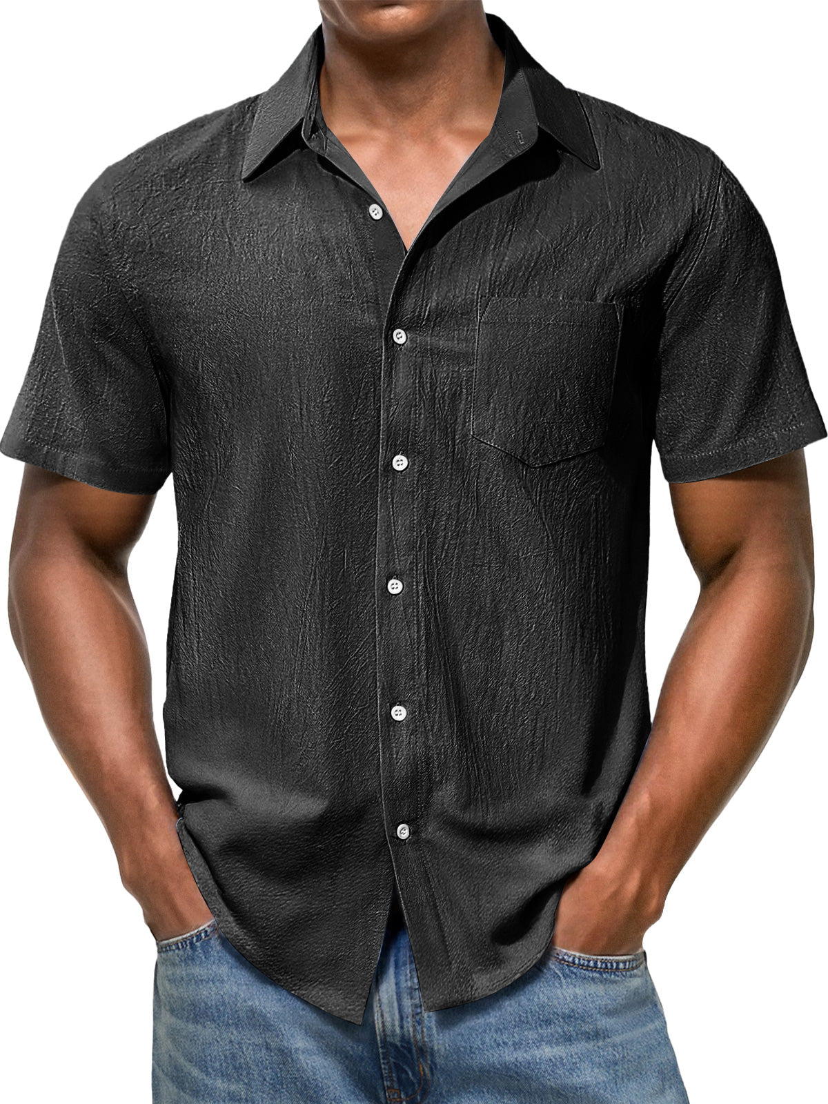 Men's Casual Texture Lapel Pocket Solid Color Comfortable Short Sleeve Shirt