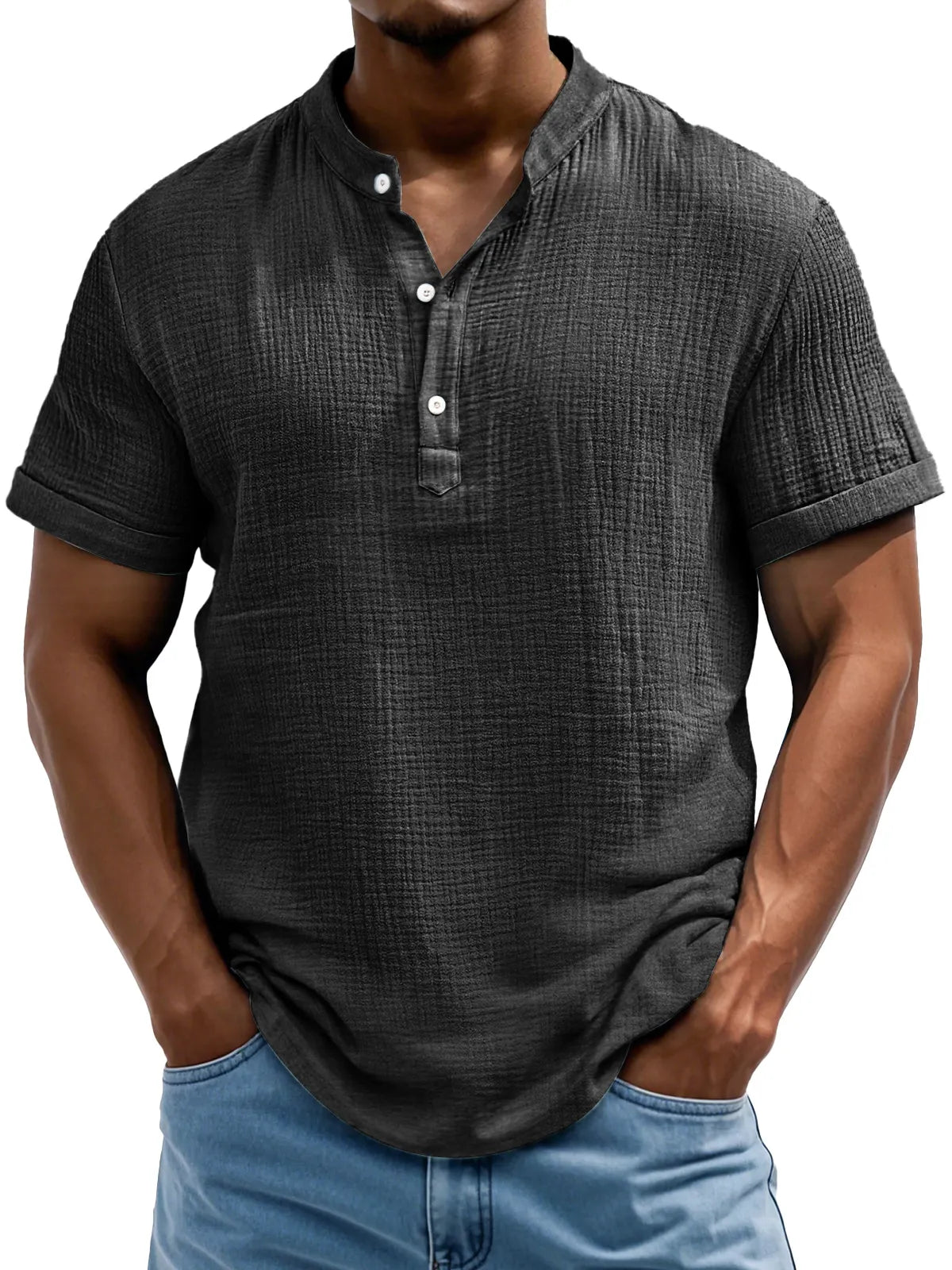 Men's Daily Casual Textured Half-Placket Henley Short Sleeve Shirt