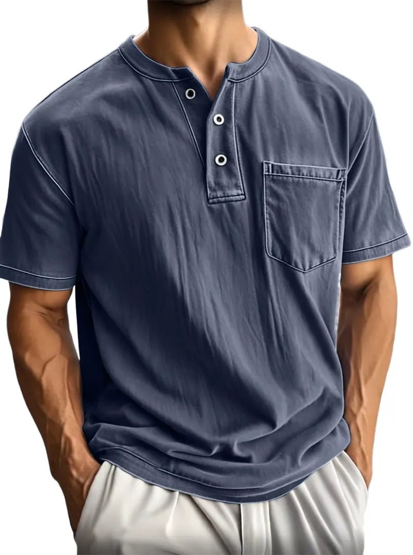 Men's Washed And Distressed Cotton Vintage Henley Collar Short-sleeved T-shirt