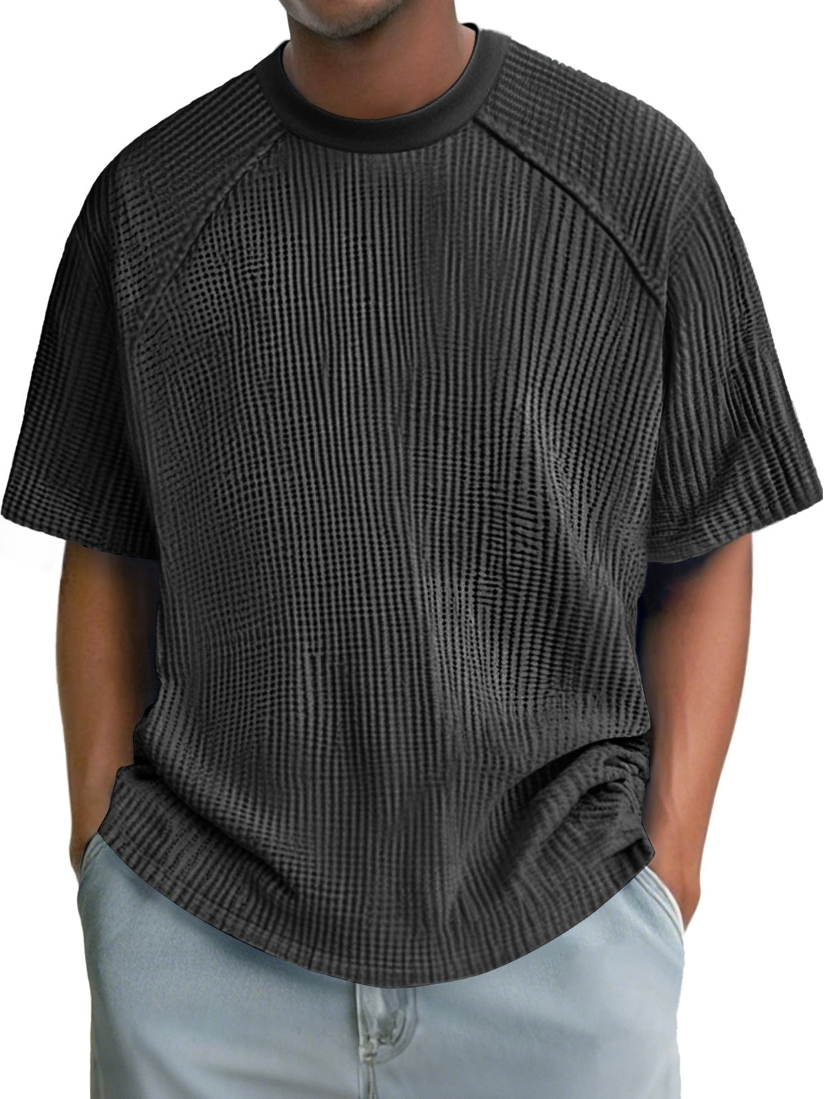 Men's Fashion Waffle Raglan Round Neck Comfortable Short Sleeve T-Shirt