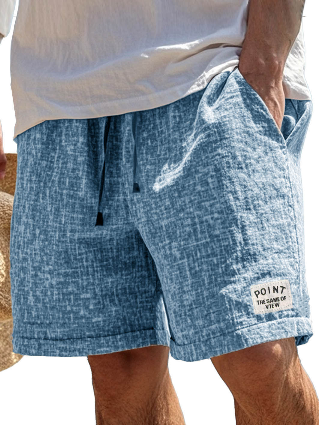 Men's Fashion Casual Hemp Fabric Pocket Embroidered Logo Shorts