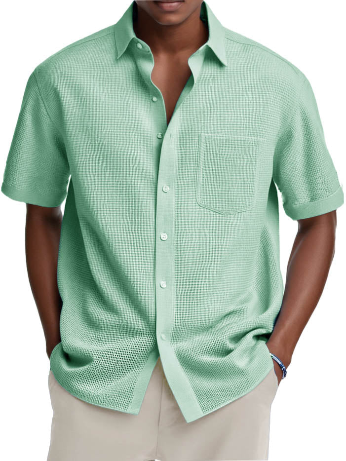 Men's Fashion Casual Retro Waffle Fabric Pocket Short-sleeved Shirt
