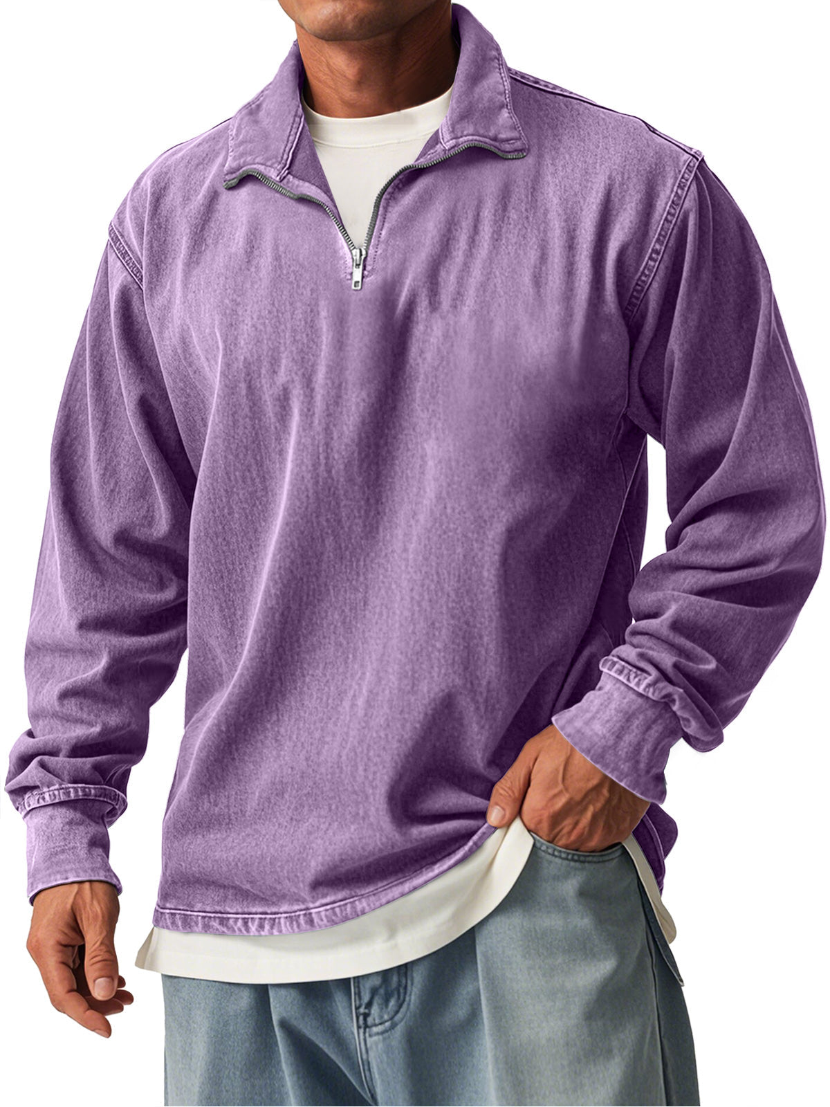 Men's Retro Casual Stand Collar Zipper Long Sleeve T-Shirt