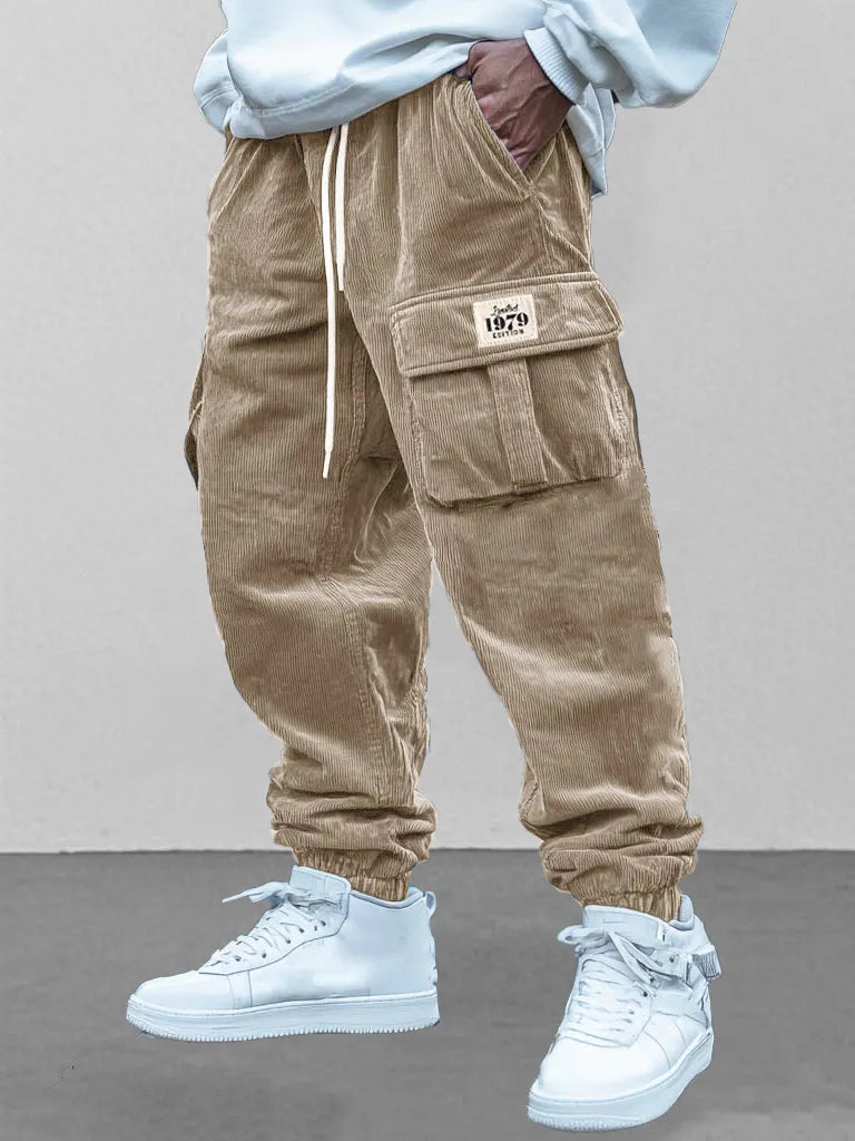 Men's Fashion Retro Workwear Pocket Elastic Drawstring Trousers