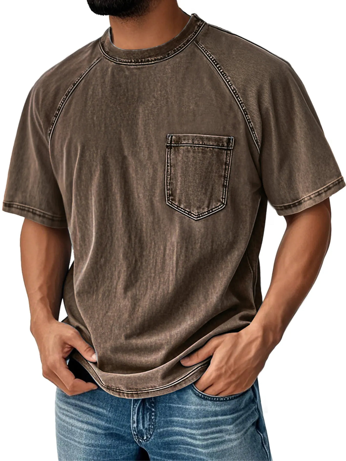 Men's Retro Round Neck Raglan Sleeve Casual Pocket Short Sleeve T-Shirt