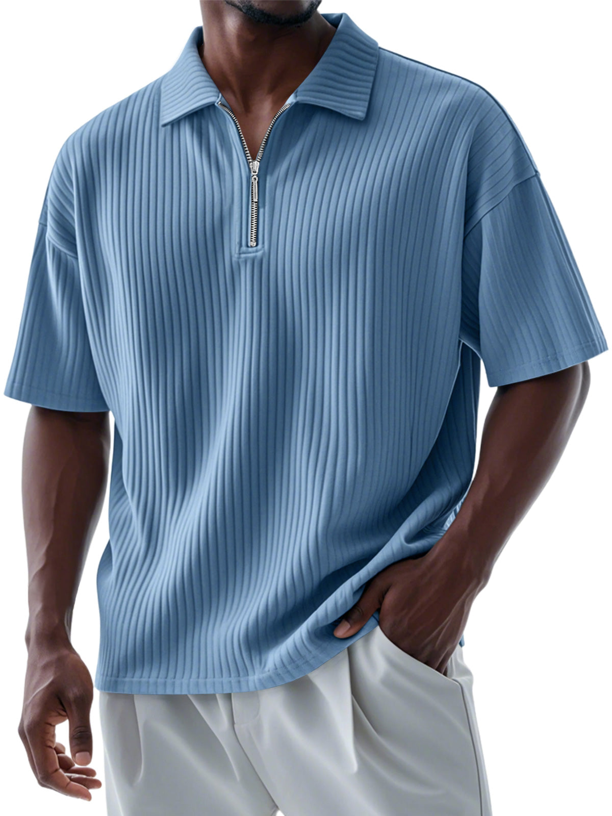Men's Casual Daily Pitted Lapel Zipper Short-sleeved Polo Shirt