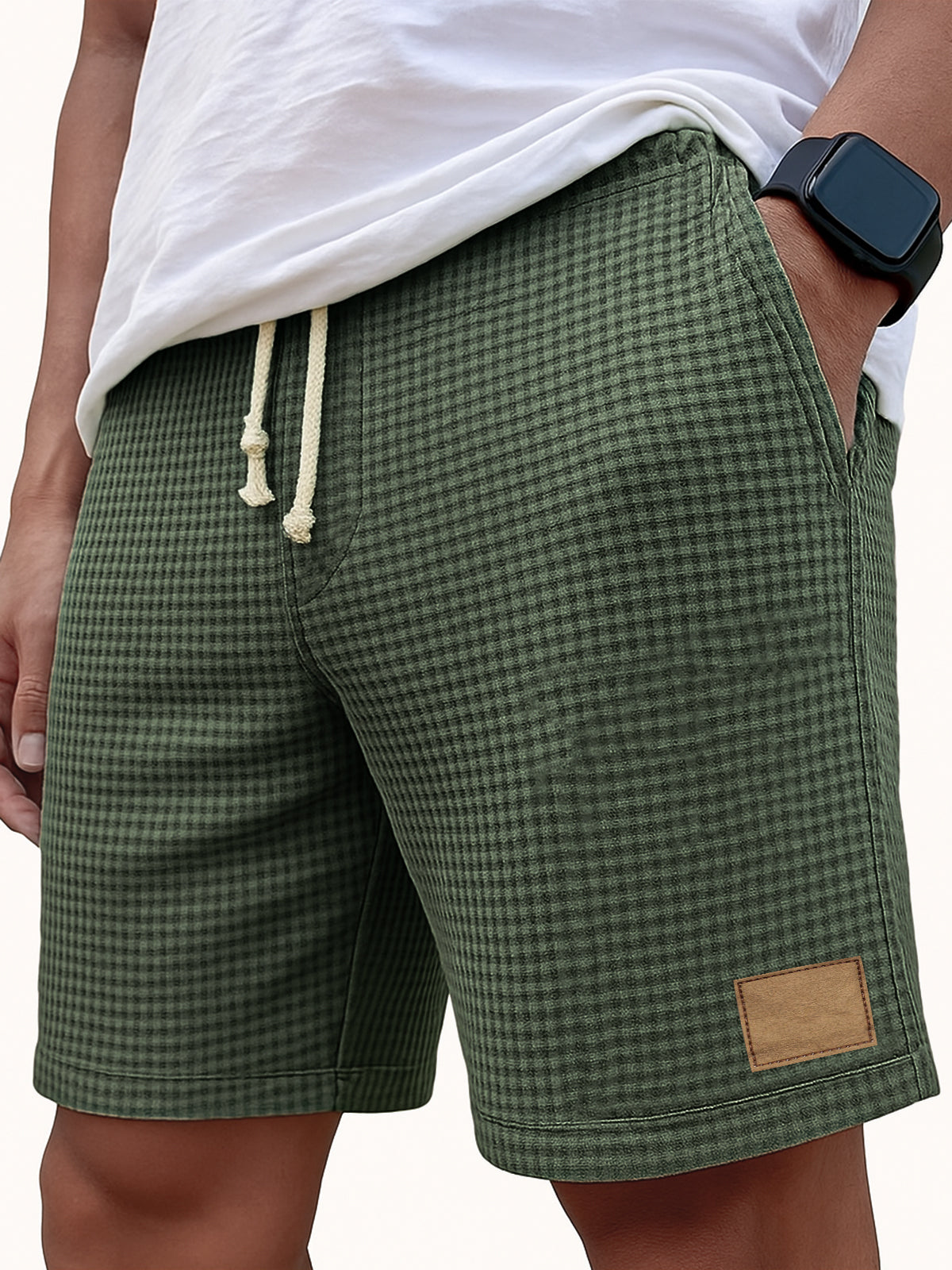 Men's Comfortable Waffle Vintage Embroidered Logo Casual Lace Up Loose Shorts