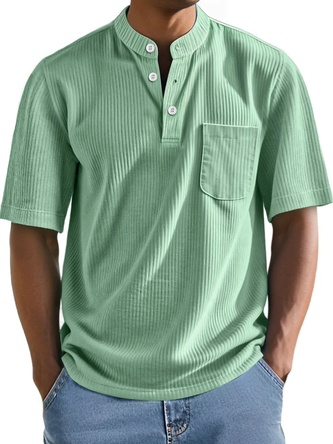 Men's Everyday Stand Collar Ribbed Pocket Comfort Short Sleeve Henley Shirt