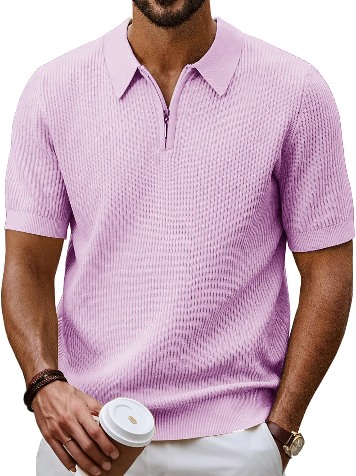Men's Fashion Daily Casual Ripstop Fabric Zipper Short-sleeved Polo Shirt