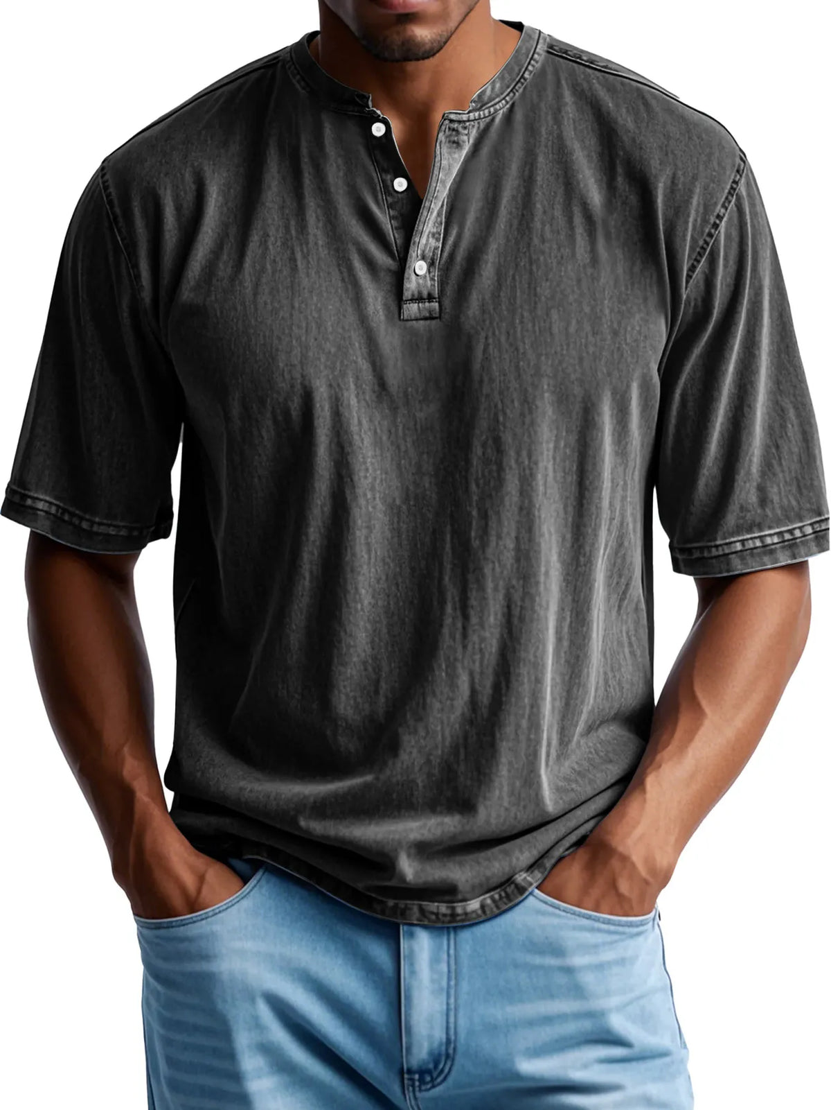 Men's Retro Casual Button Up Comfortable Solid Color Short Sleeve Henley Shirt