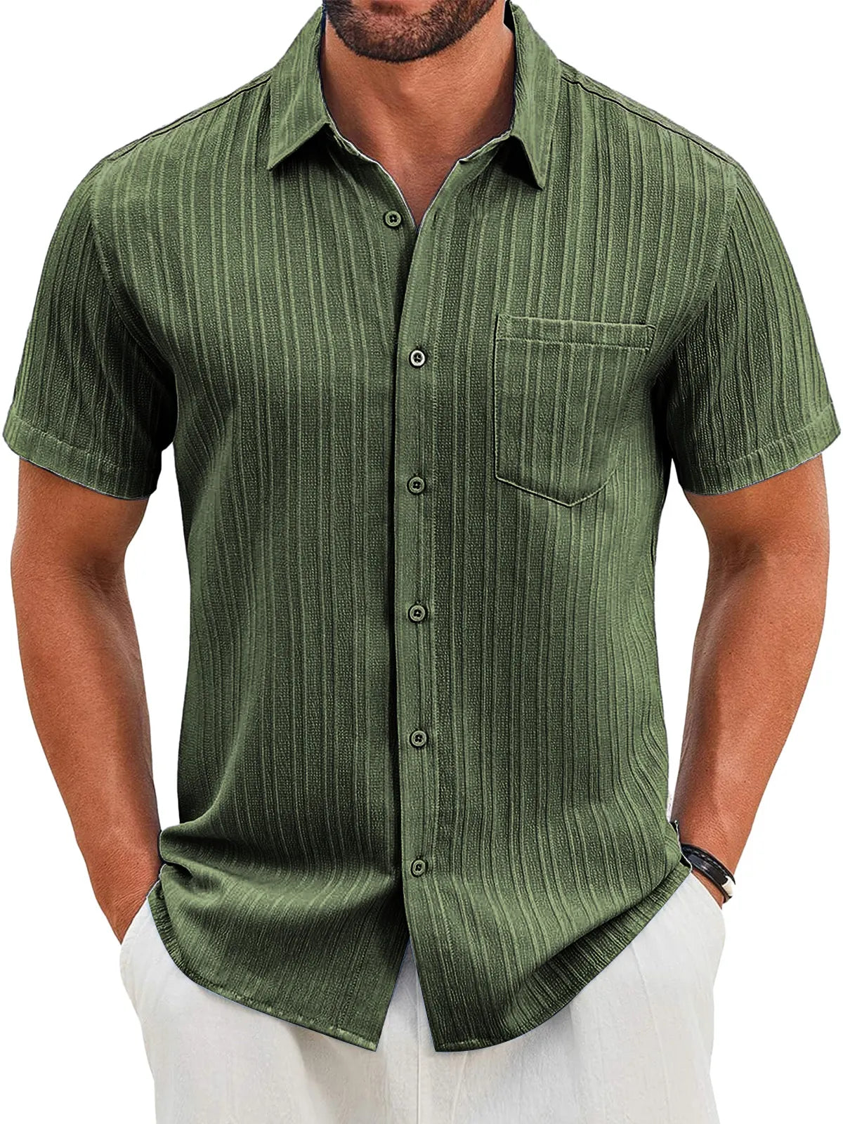 Men's Casual Vertical Striped Textured Lapel Solid Color Short-sleeved Shirt