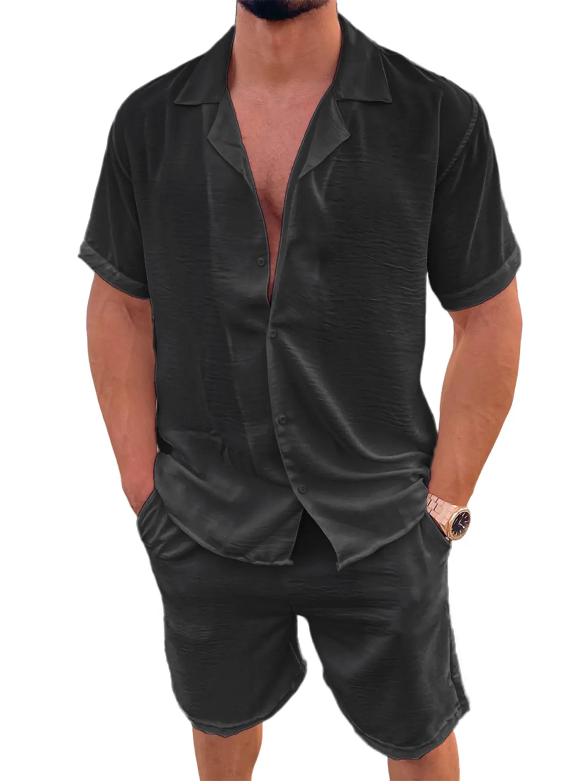 Men's Linen Camp Set Vacation Leisure Short Sleeve and Shorts Two-piece Suit