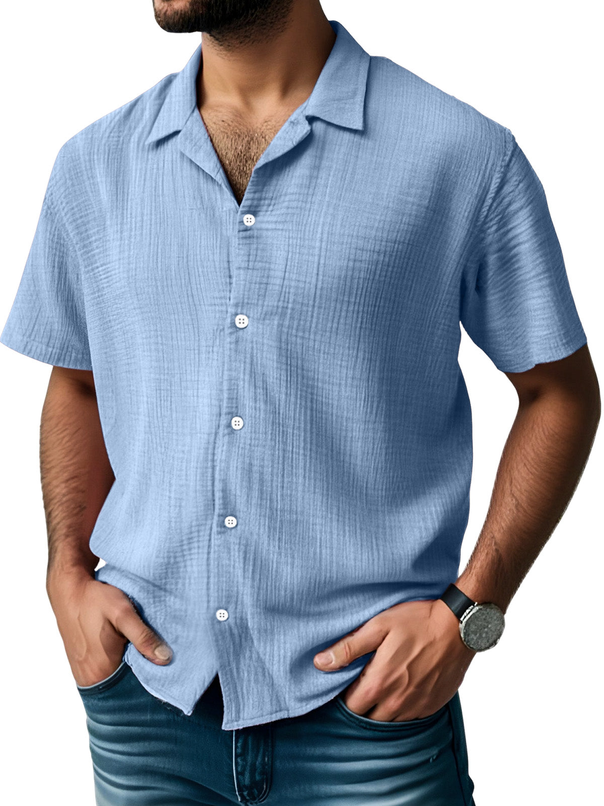 Men's Everyday Solid Color Pleated Texture Short-sleeved Shirt