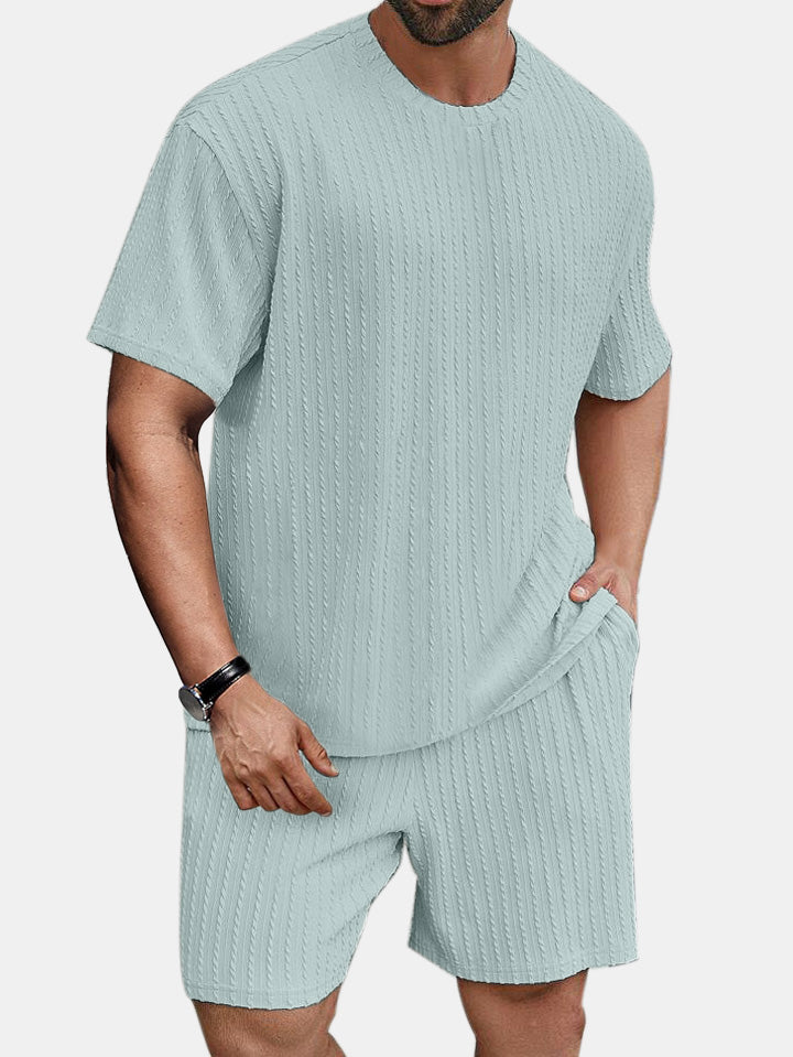 Men's solid color round neck pullover vertical pattern T-shirt shorts two-piece set