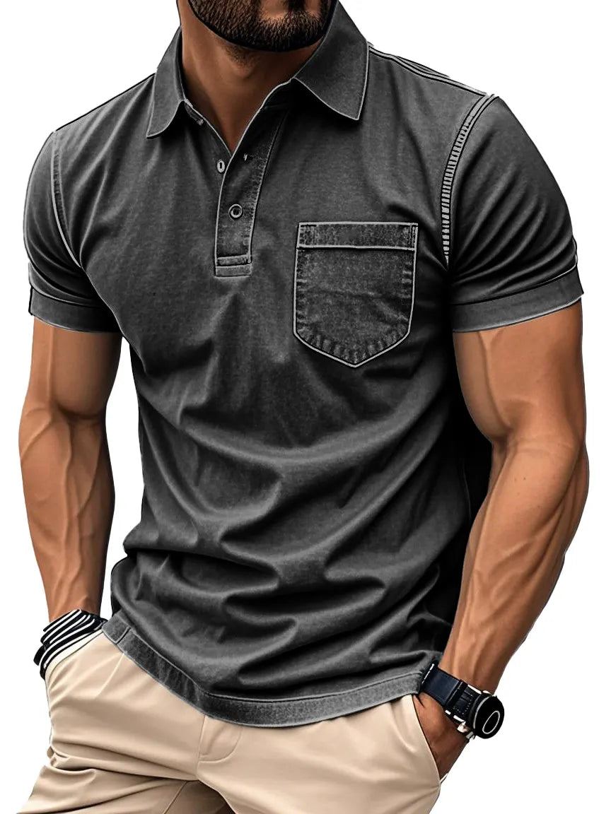 Men's Fashion Retro Distressed Lapel Short-sleeved Pocket Polo Shirt