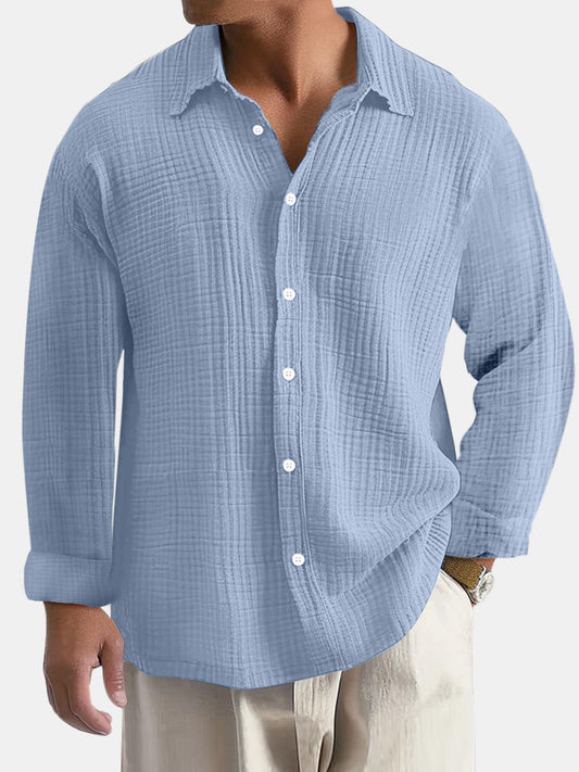Men's Everyday Solid Color Pleated Textured Comfort Long Sleeve Shirt