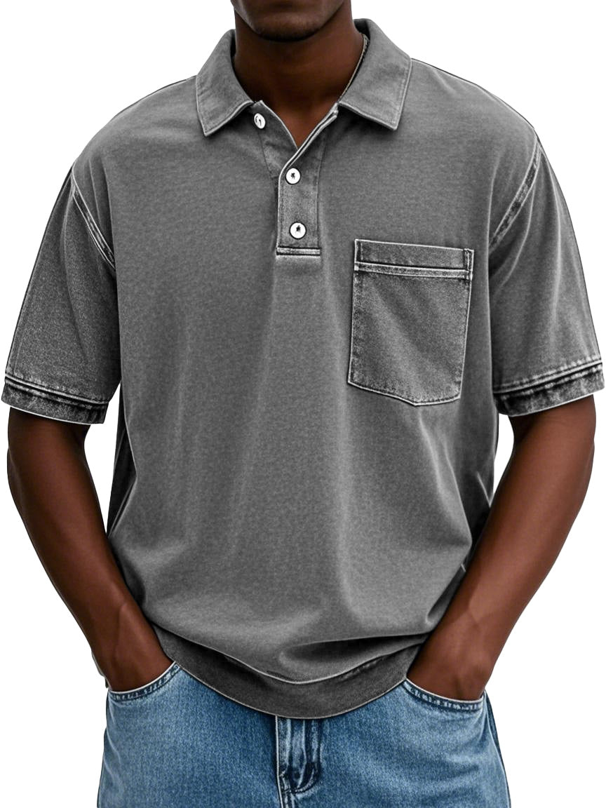Men's Retro Distressed Lapel Short-sleeved Pocket Polo Shirt