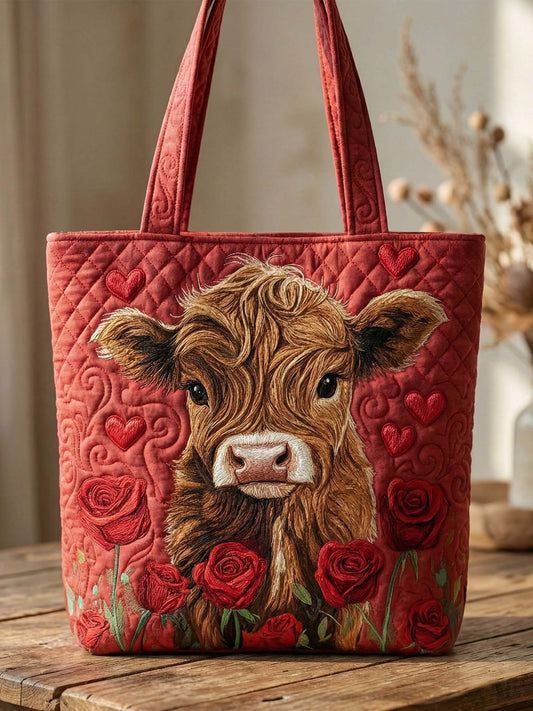 Valentine's Day Highland Cow Quilted Tote Bag