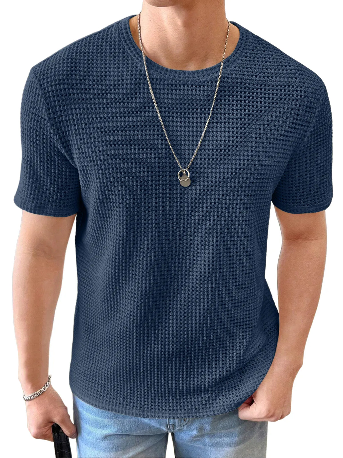 Men's Knitted Waffle Quality Casual Round Neck Short-sleeved T-shirt