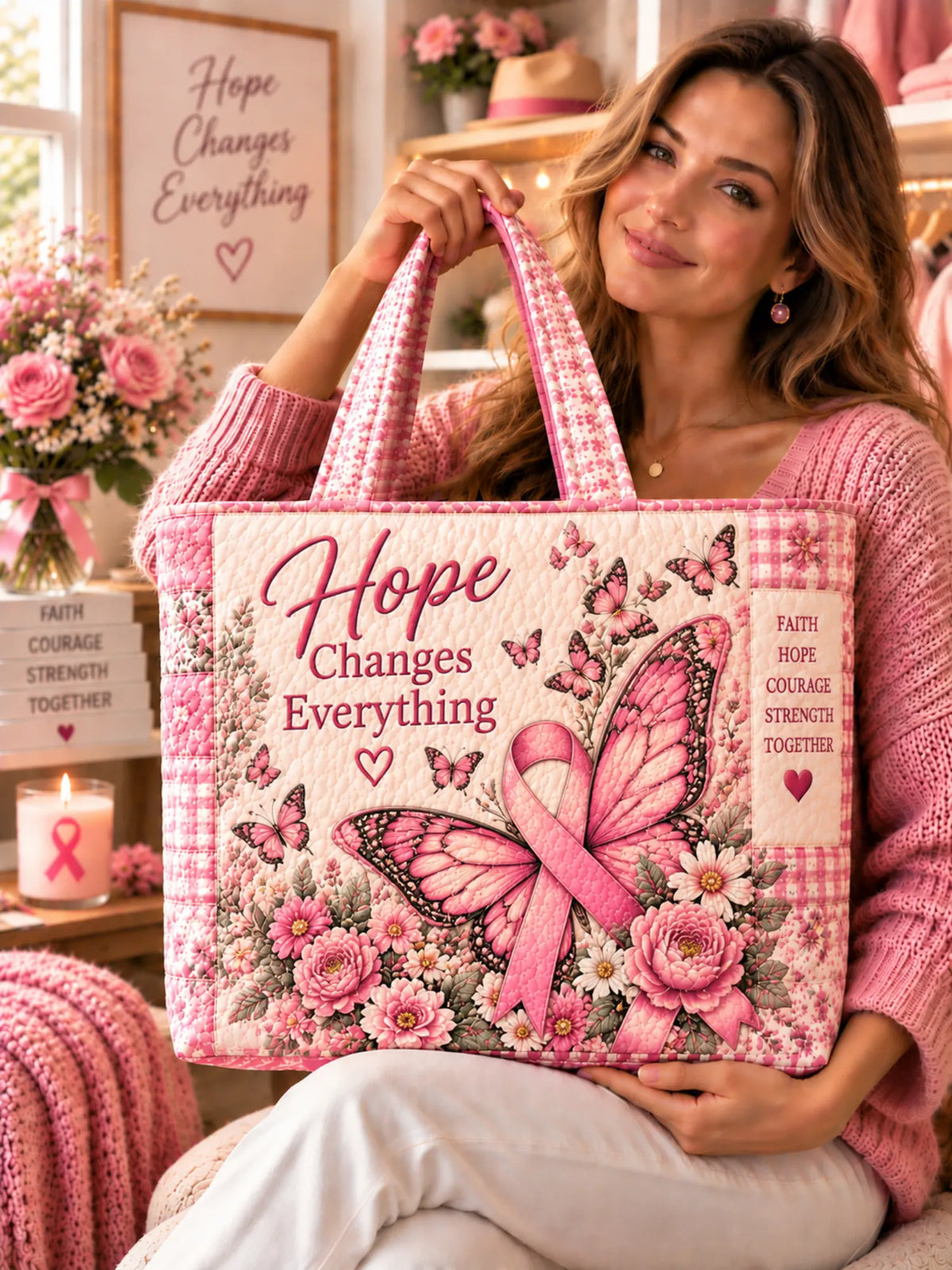 Hope Changes Everything Pink Ribbon Butterfly Floral Patchwork Quilted Tote Bag