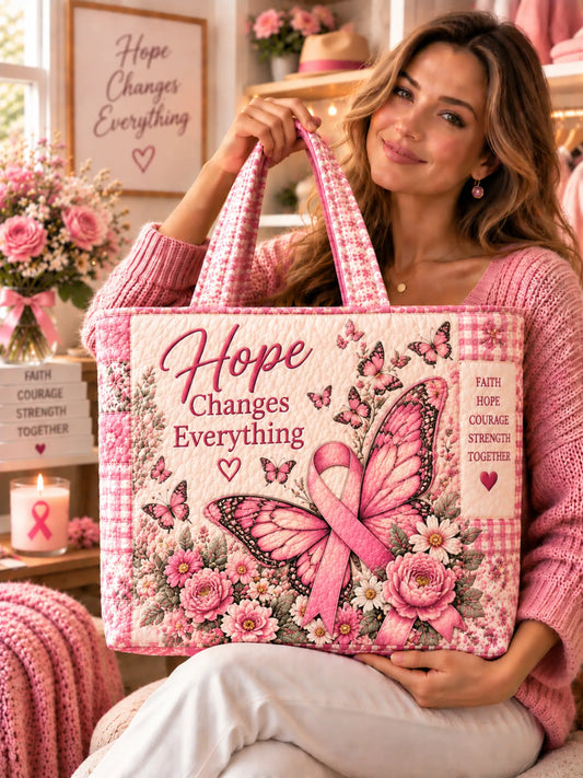 Hope Changes Everything Pink Ribbon Butterfly Floral Patchwork Quilted Tote Bag