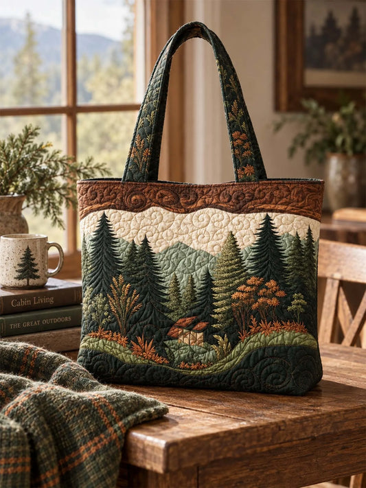 Vintage Mountain Cabin Forest Pine Tree Patchwork Quilted Tote Bag