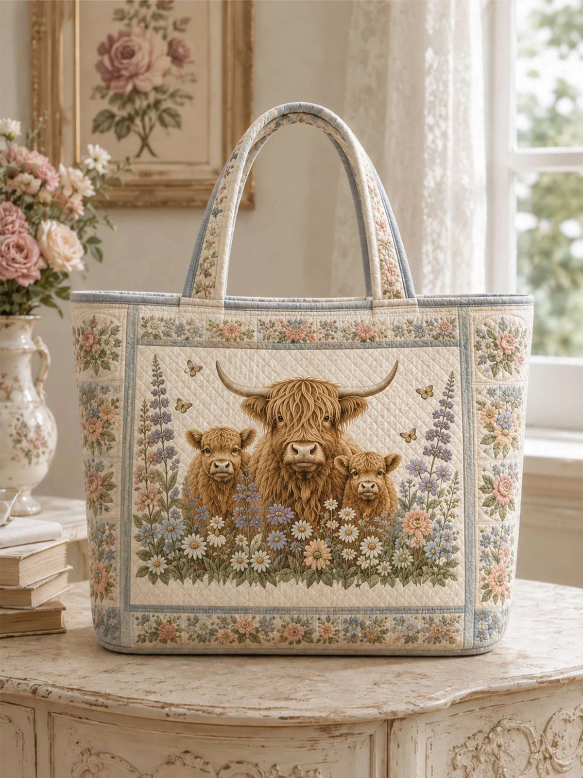Highland Cow Floral Quilted Tote Bag
