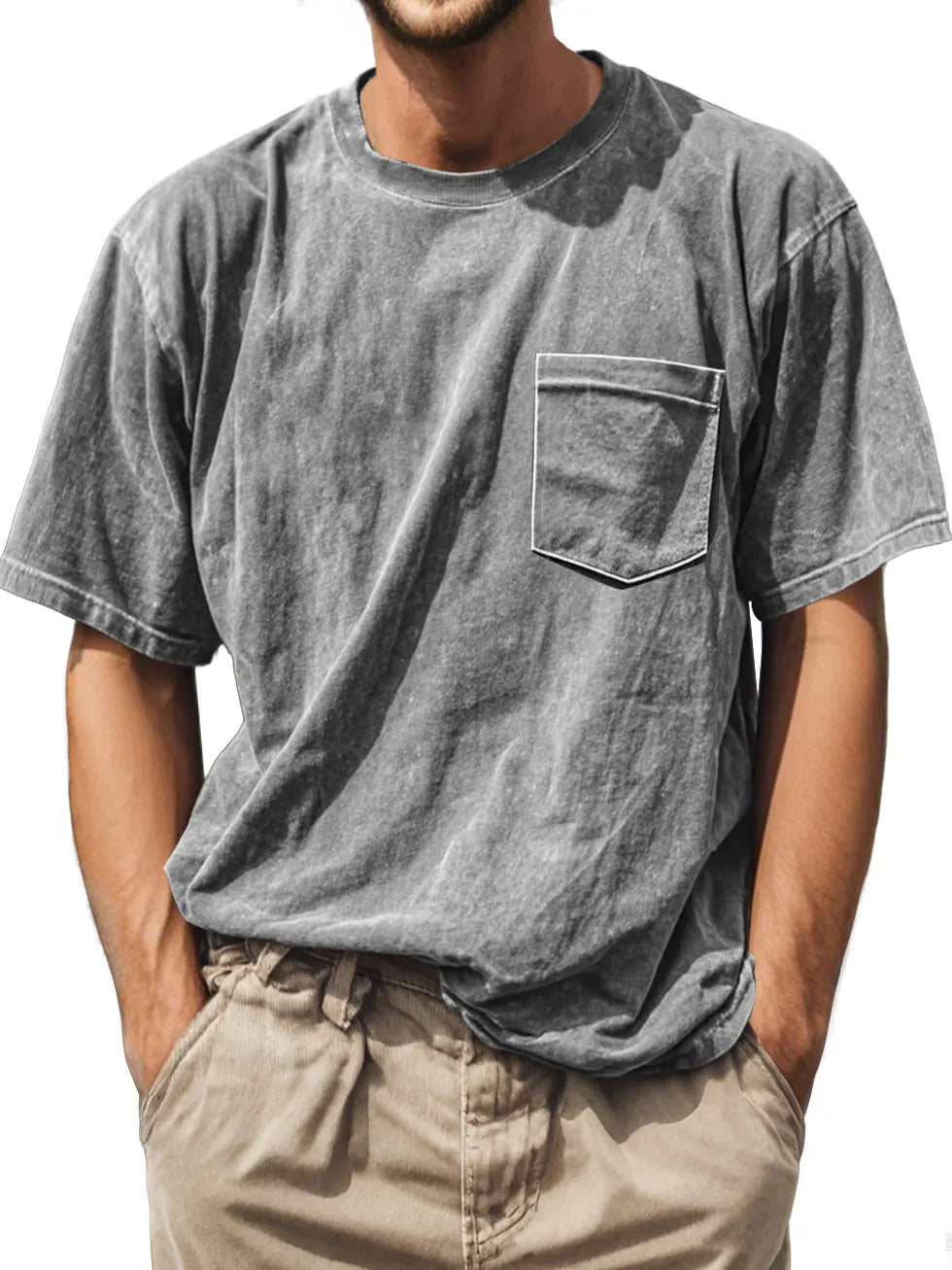 Men's Retro Daily Casual Round Neck Pocket Comfortable Short Sleeve T-shirt