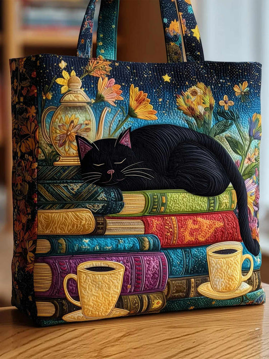 Books And Black Cat Quilted Tote Bag