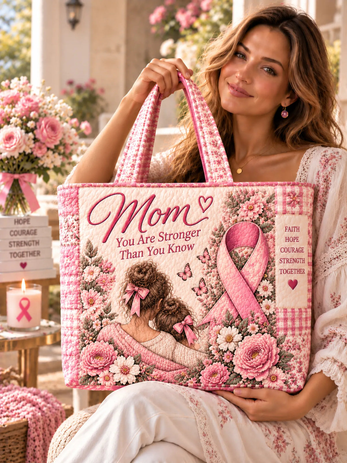 Breast Cancer Awareness Mom Gift You Are Stronger Than You Know Floral Quilted Tote Bag