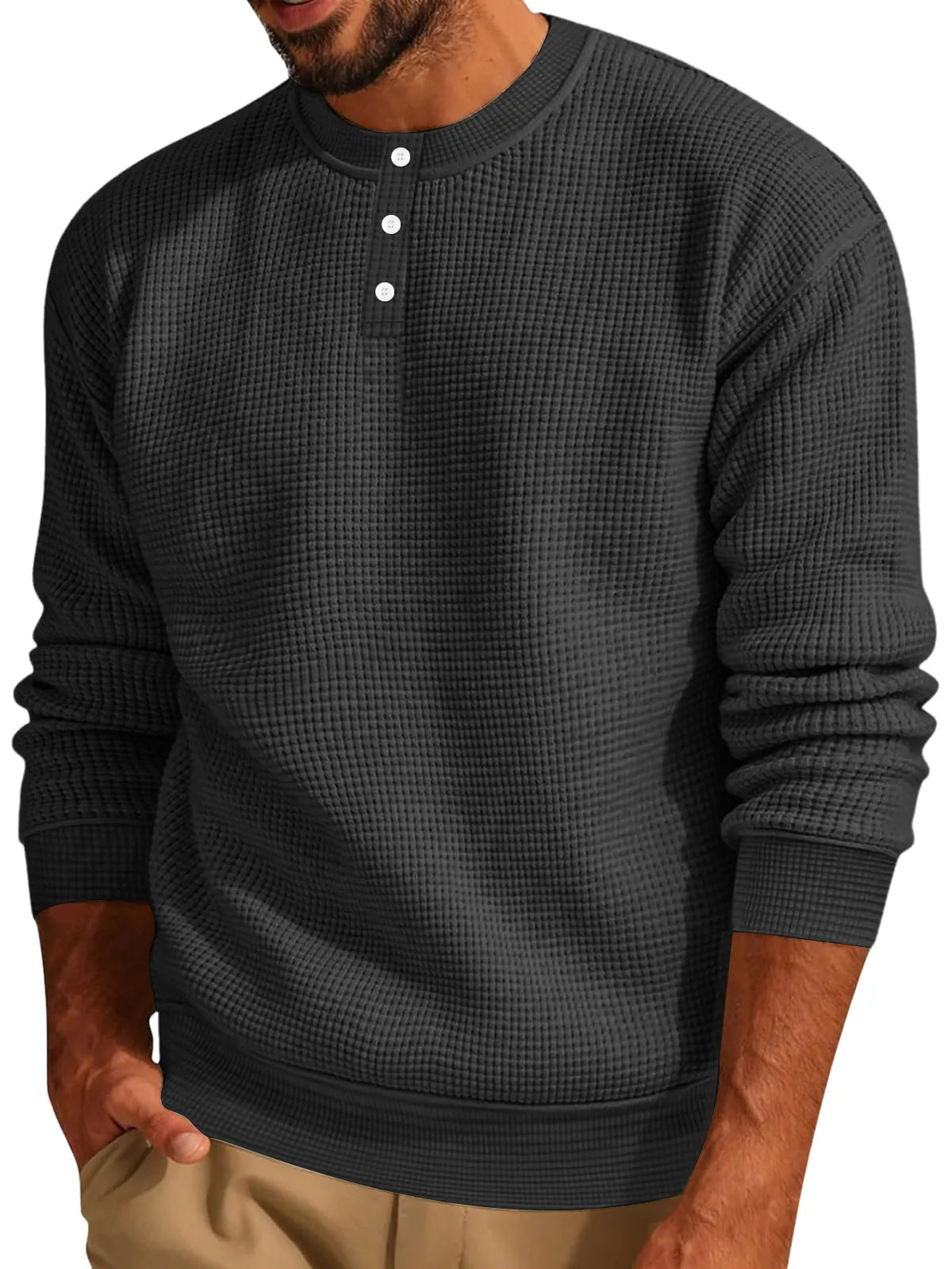 Men's Casual Waffle Solid Button Up Long Sleeve Henley