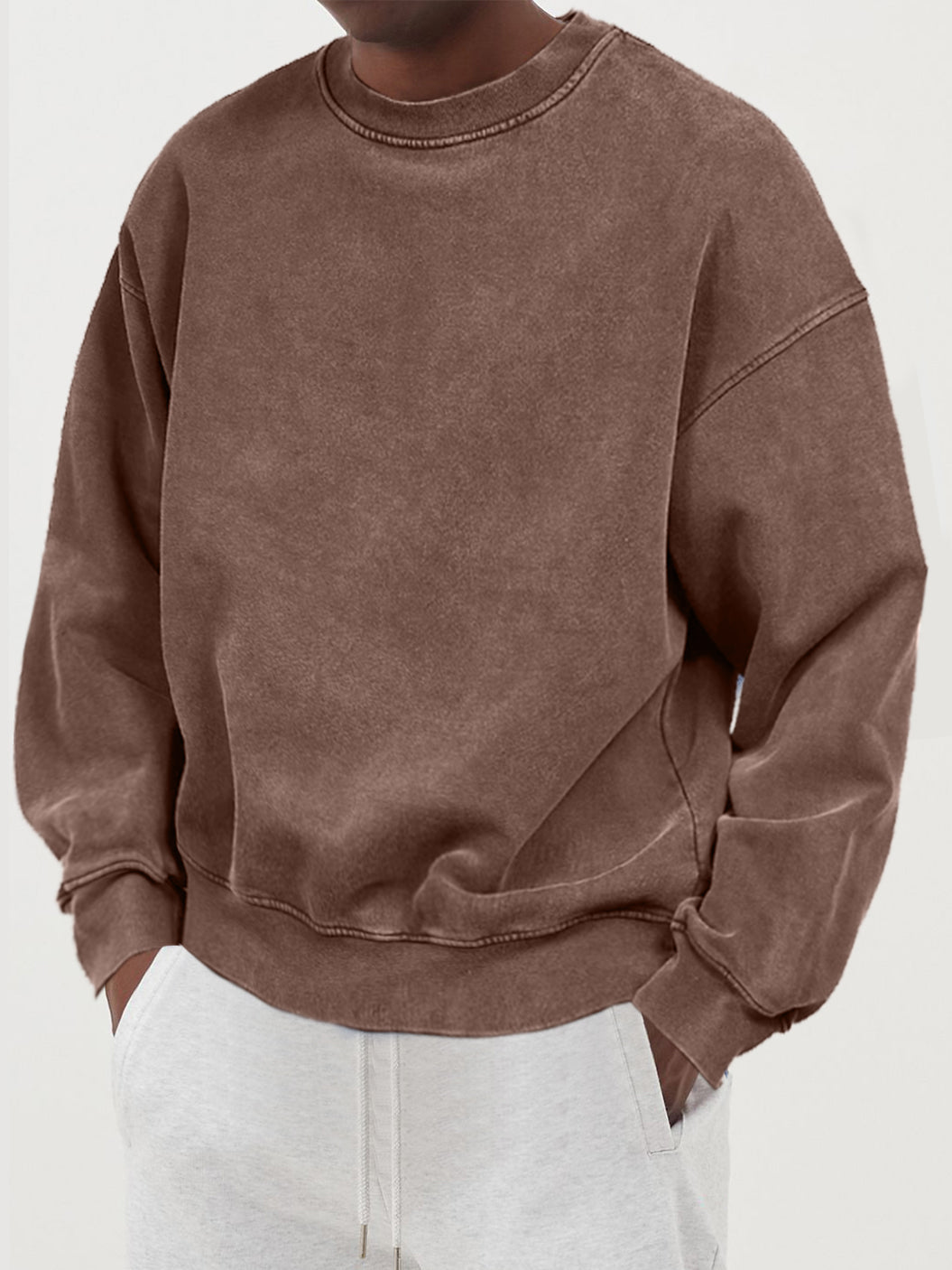 Men's Distressed Washed Cotton Round Neck Long-sleeved Sweatshirt