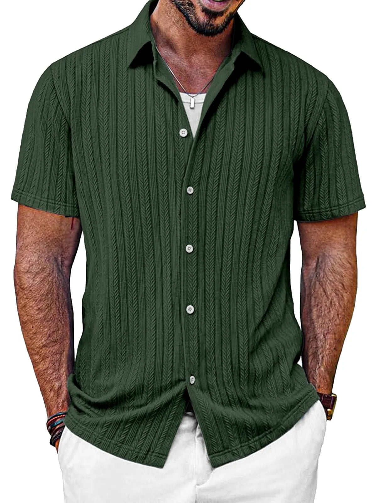Men's Casual Solid Color Textured Short-sleeved Button-down Shirt