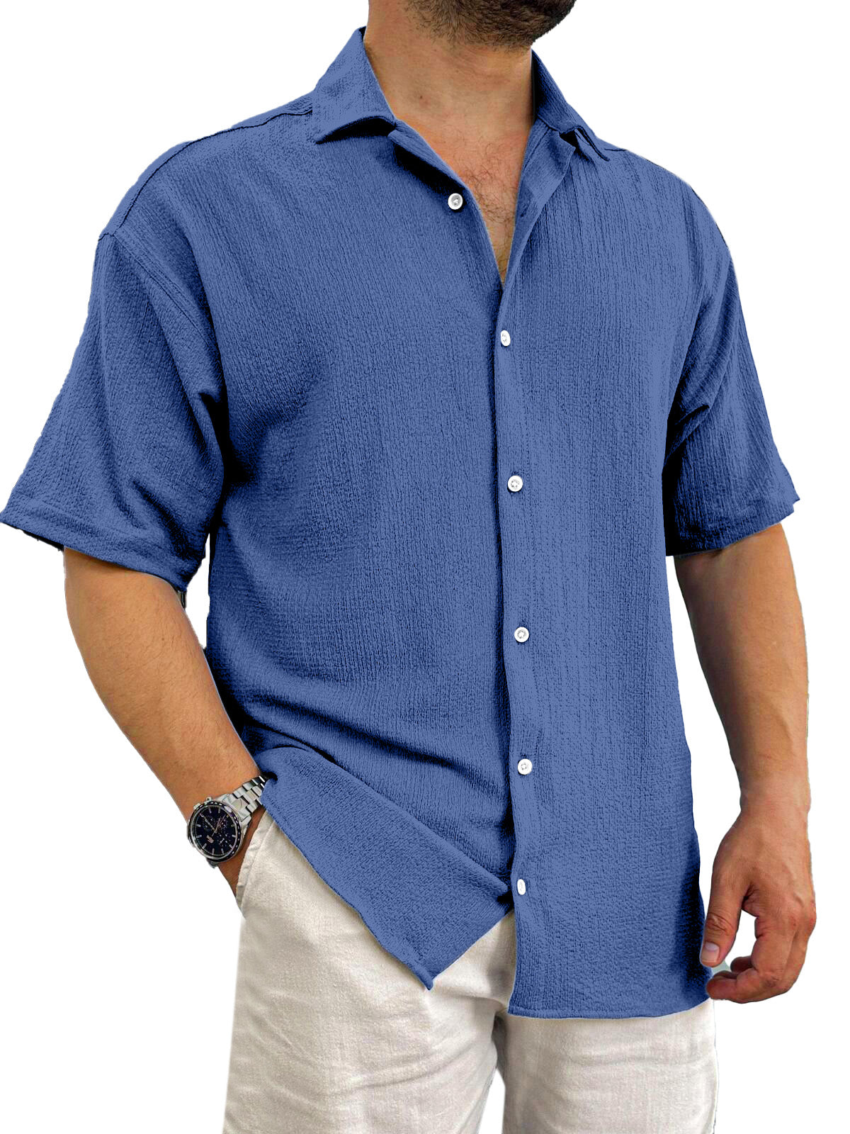 Men's Casual Daily Solid Color Texture Solid Color Short-sleeved Shirt