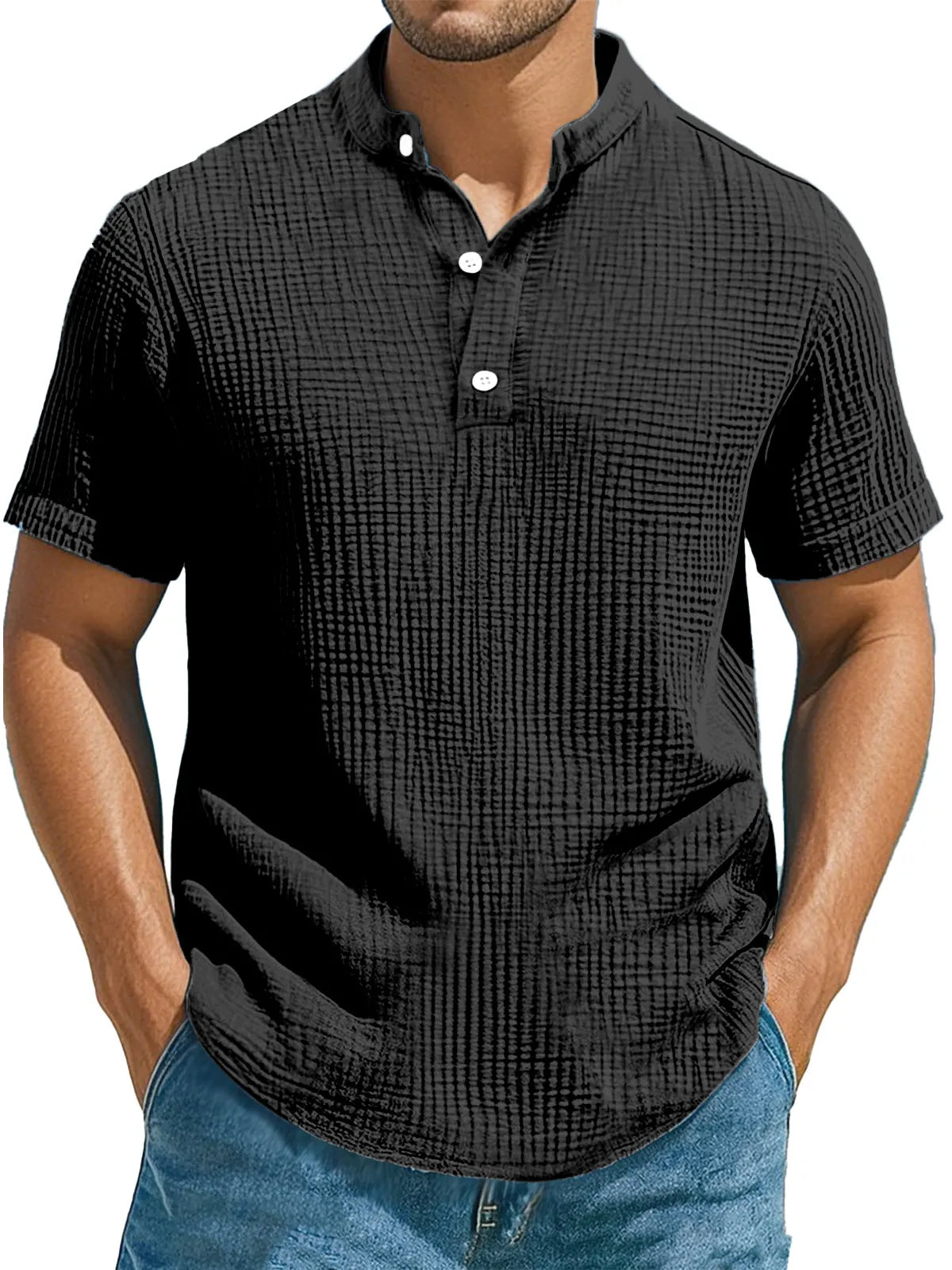 Men's Casual Solid Color Pleated Texture Short-sleeved Stand Collar Henley Shirt