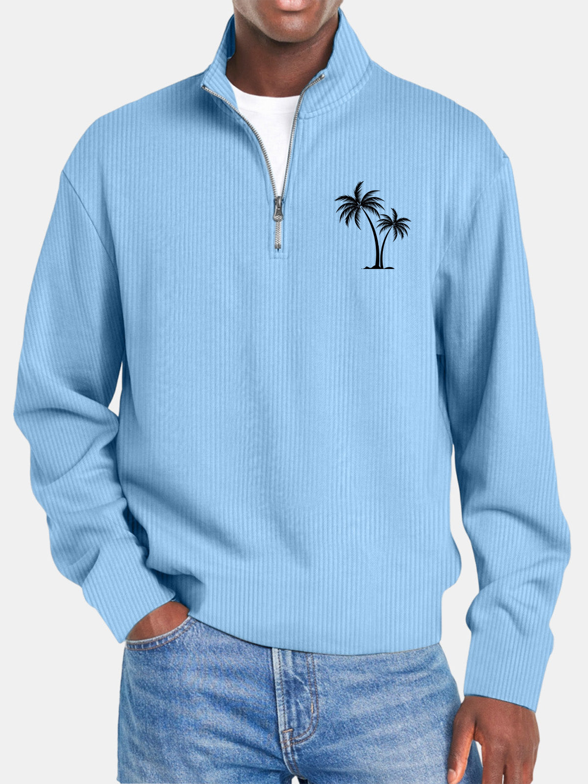 Men's Casual Solid Color Vertical Pit Stripe Coconut Tree Print Zipper Long Sleeve Top