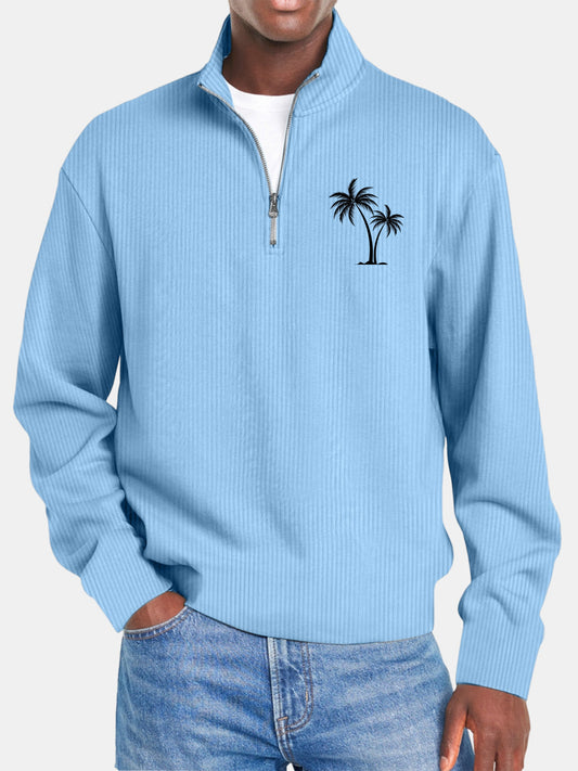Men's Casual Solid Color Vertical Pit Stripe Coconut Tree Print Zipper Long Sleeve Top