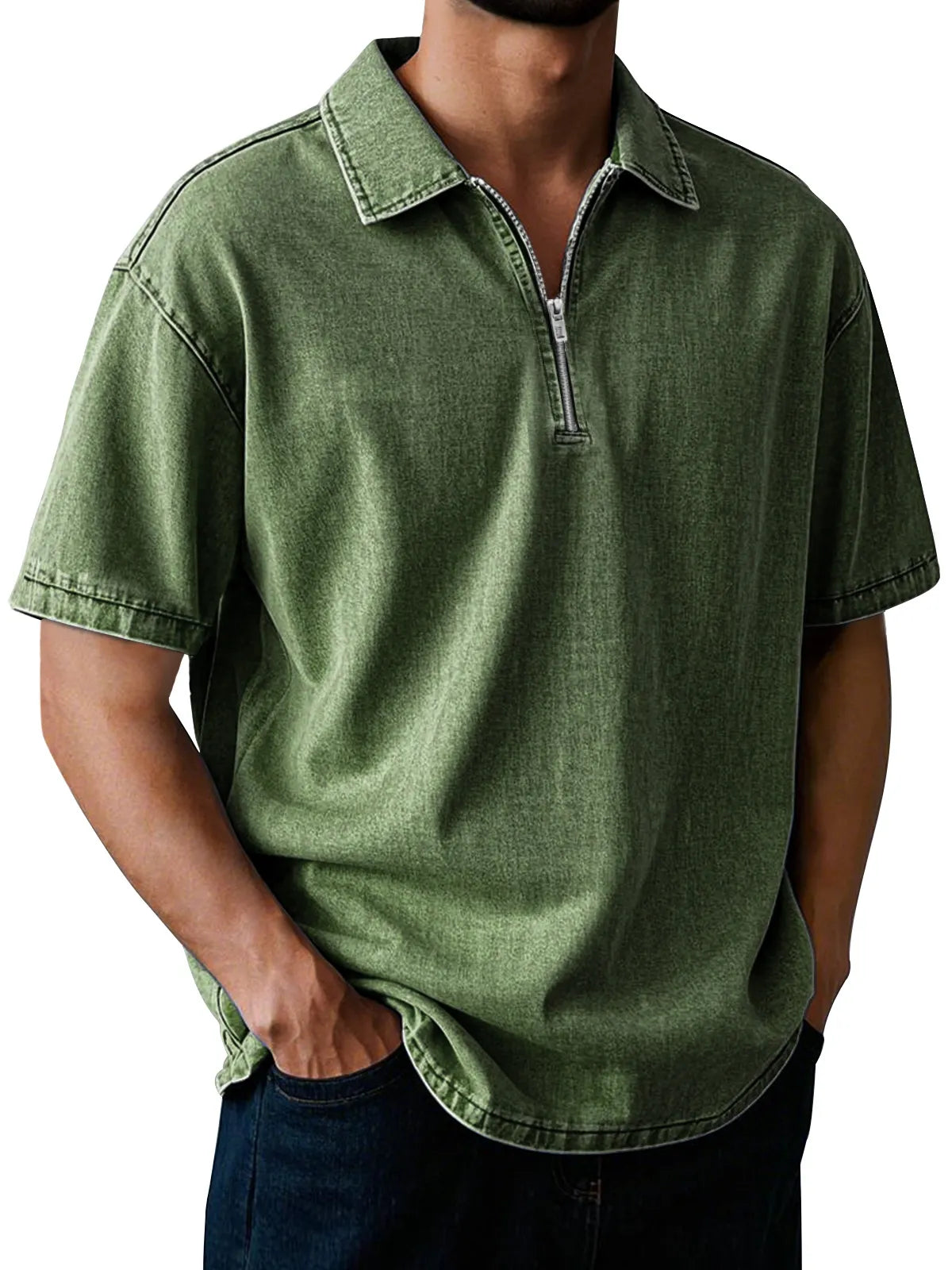 Men's Casual Retro Lapel Zipper Solid Color Short Sleeve POLO Shirt