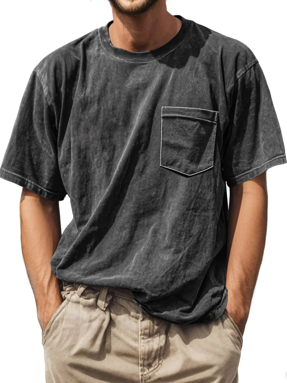 Men's Retro Daily Casual Round Neck Pocket Comfortable Short Sleeve T-shirt