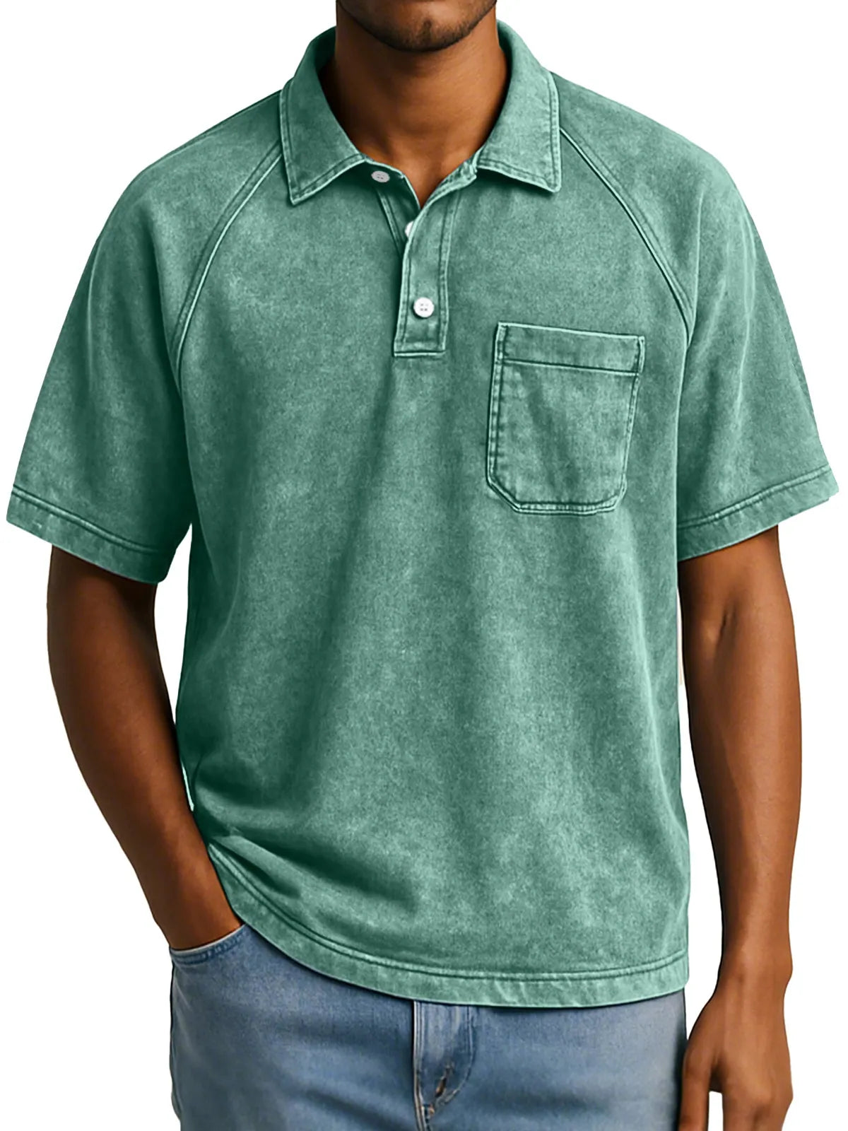 Men's Retro Casual Raglan Short Sleeve Lapel Button Up Polo Shirt