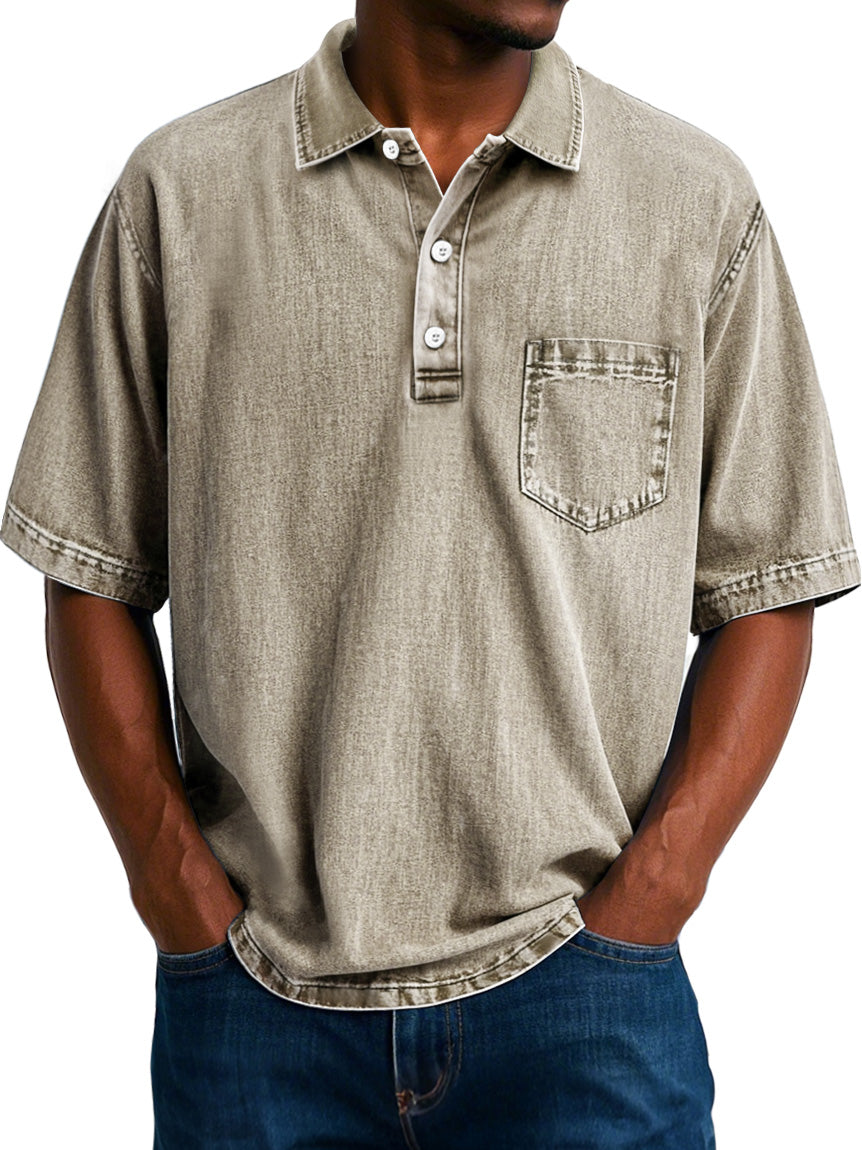 Men's Vintage 100% Cotton Washed Distressed Lapel Pocket Casual Short Sleeve POLO Shirt