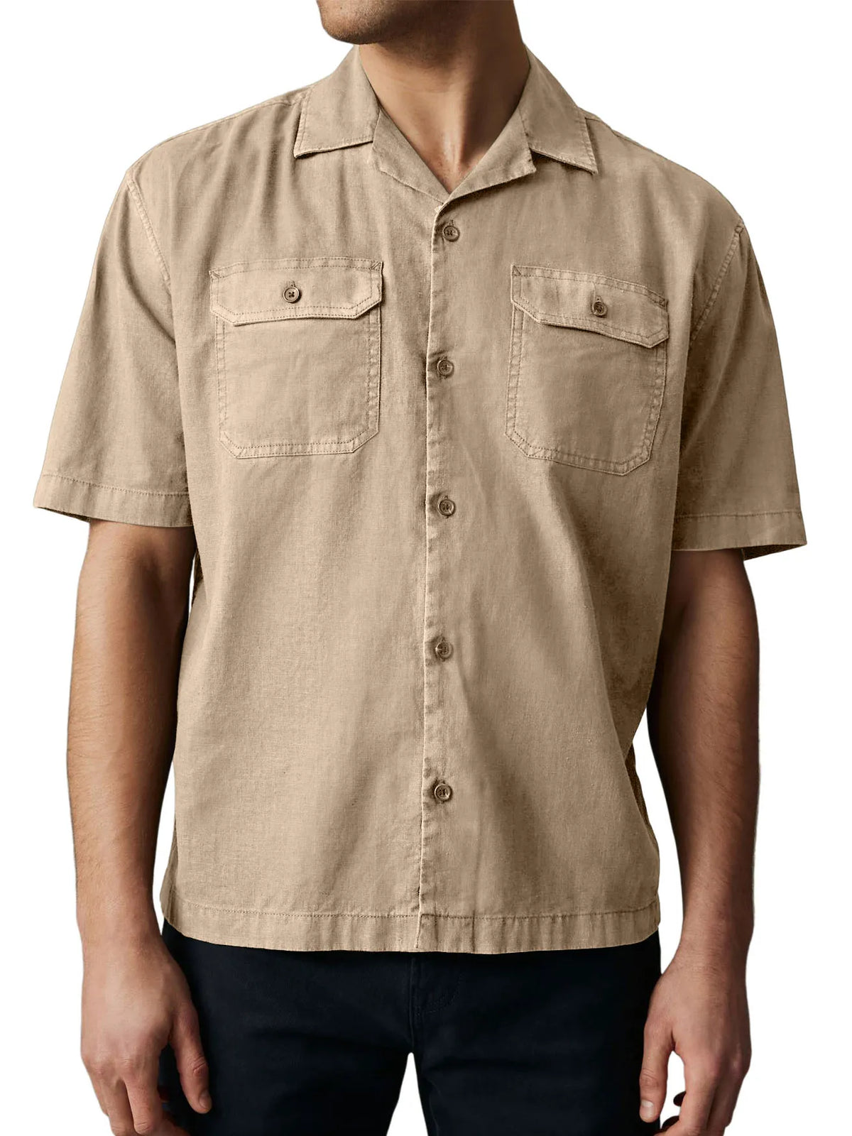 Men's Retro Cotton And Linen Double Pocket Workwear Short-sleeved Shirt