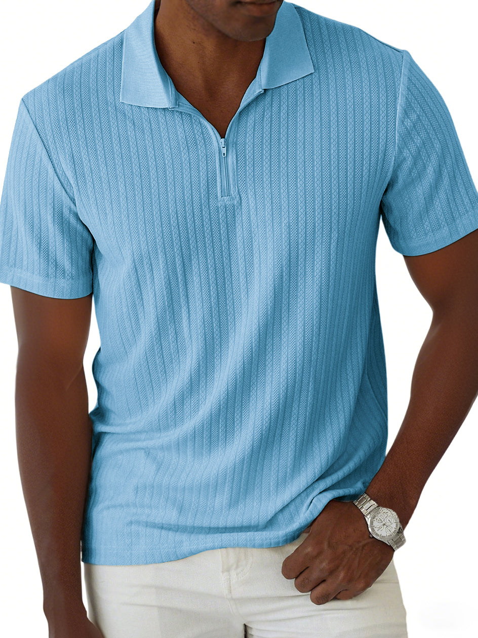 Men's Jacquard Casual Quarter Zip Lapel Short Sleeve Polo Shirt