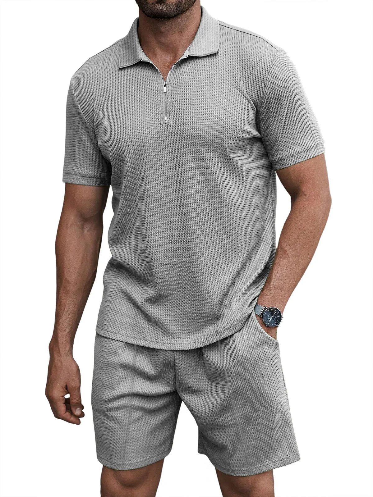 Men's Casual Waffle Zipper Short Sleeve Polo Suit