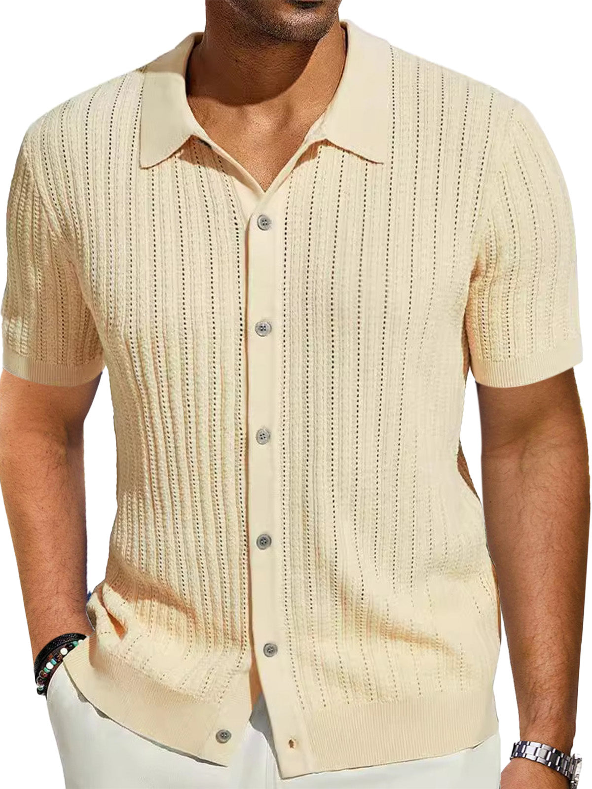 Men's Casual Solid Color Cool Knitted Short-sleeved Shirt