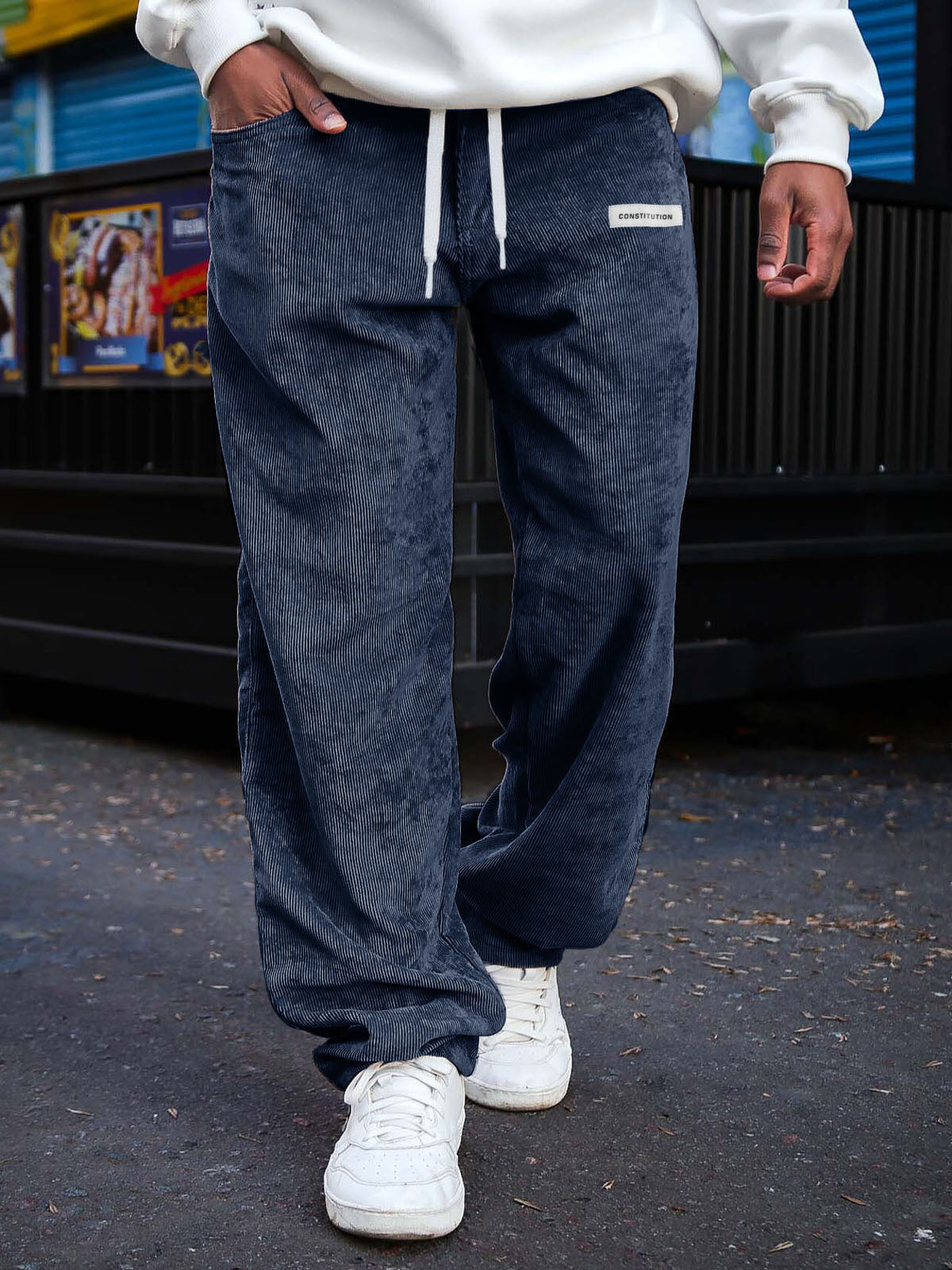 Men's Fashion Daily Corduroy Ribbed Fabric Embroidered Logo Elastic Waist Trousers