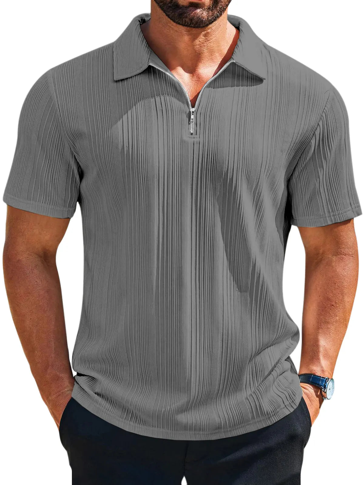 Men's casual loose solid color texture zipper short-sleeved POLO shirt