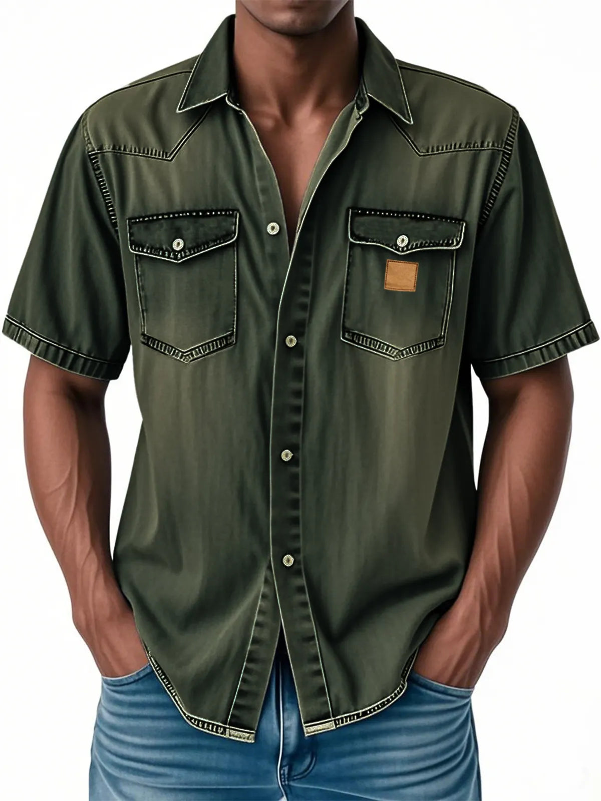 Men's Retro Western Embroidered Multi-Pocket Button Casual Short Sleeve Shirt