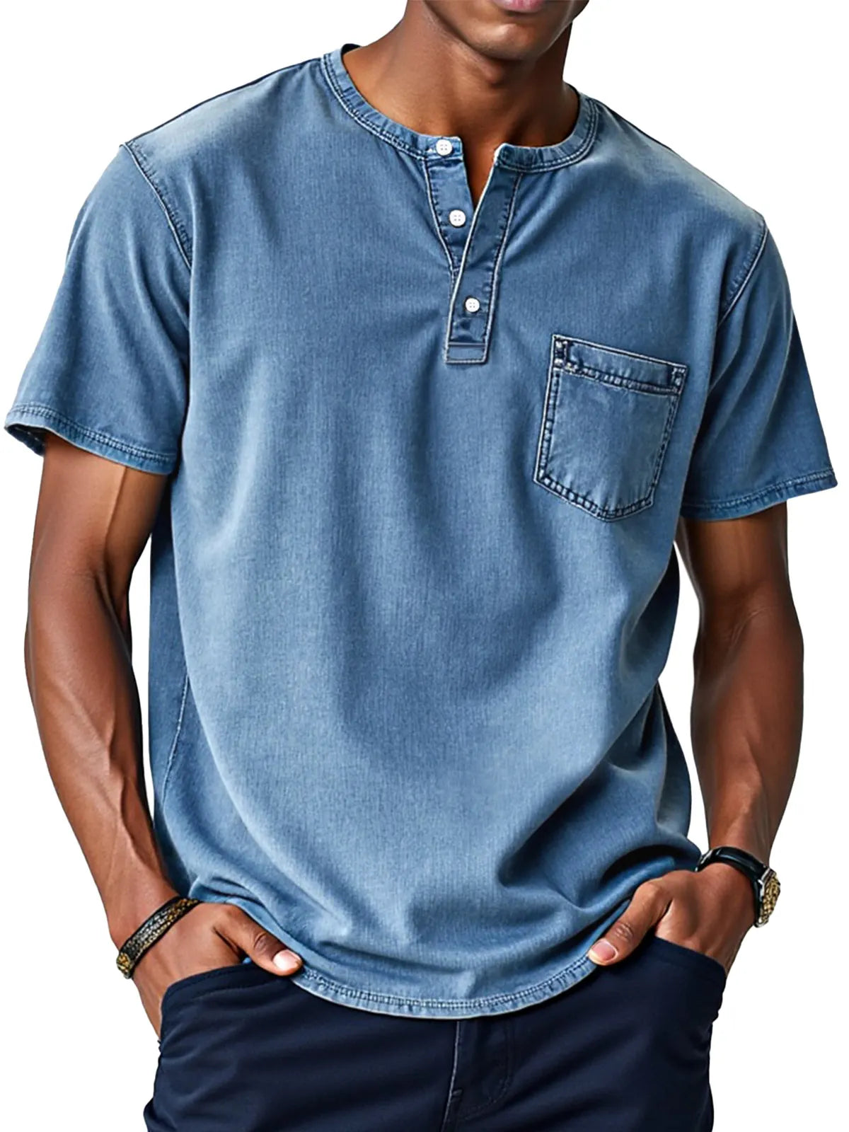Men's Retro Solid Color Loose Button Stand Collar Short Sleeve Henley Shirt